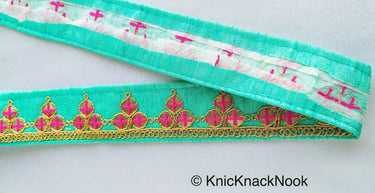 Mirrored Yellow/ Mint Green/ Cyan Blue/ Melon Orange Fabric Trim With Gold Embroidery, Indian Sari border - 210119L291/92/93/94